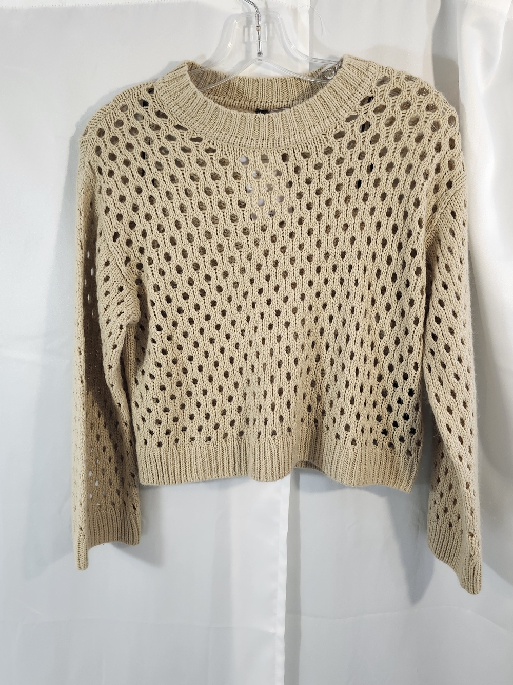 Beige Open-Knit Crewneck Sweater